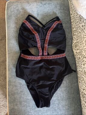 Black One-Piece Swimsuit with Colorful Embroidered Trim